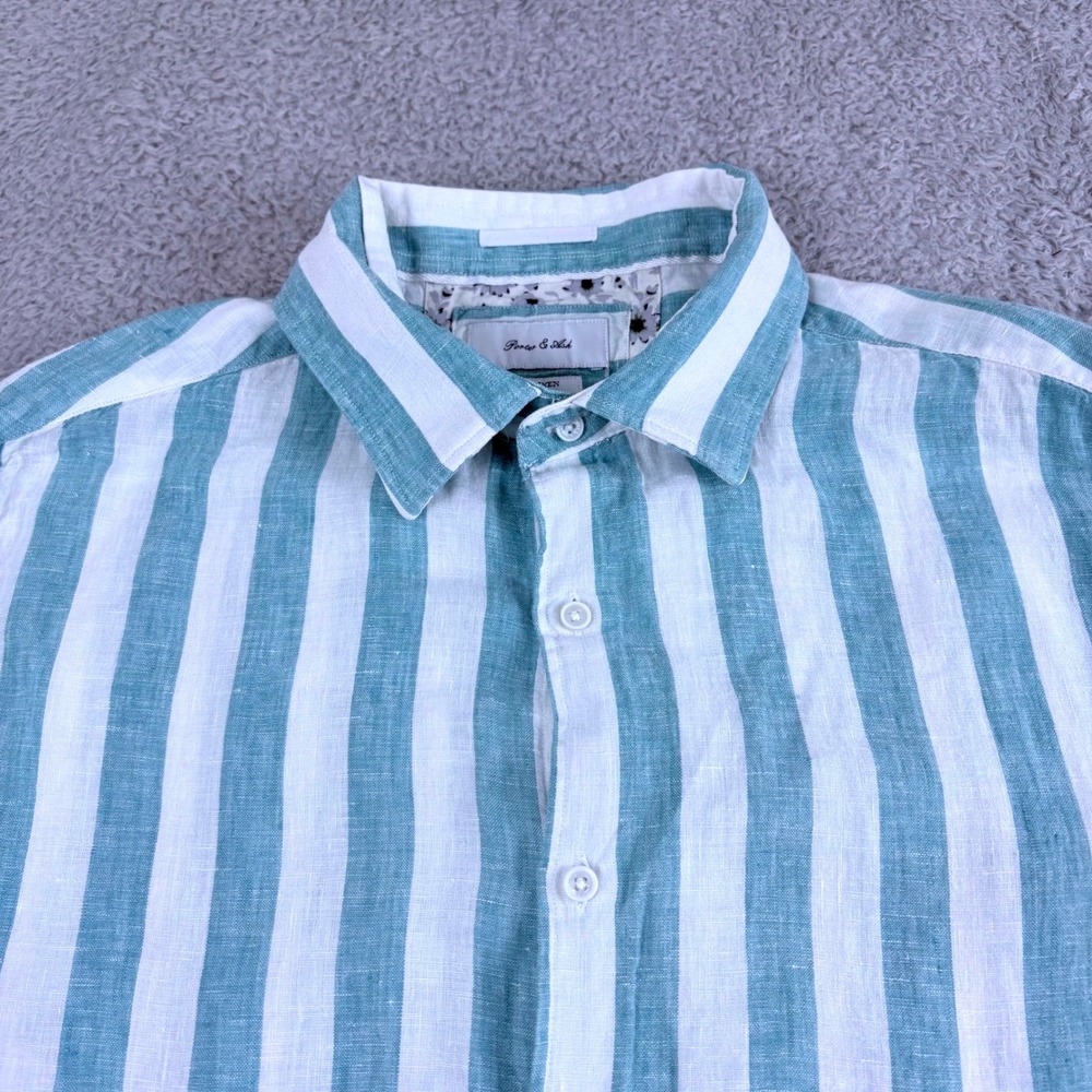 Porter & Ash 100 Linen Striped Shirt Men L Teal White Long Sleeve Coastal Casual